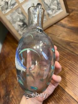 Vase Verre Émaillé Dans l'Esprit Emile Gallé Art Nouveau Glass Poisson & Fleurs