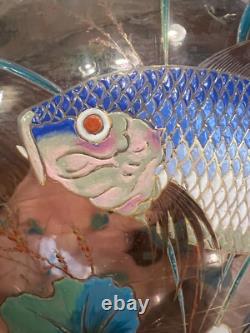 Vase Verre Émaillé Dans l'Esprit Emile Gallé Art Nouveau Glass Poisson & Fleurs