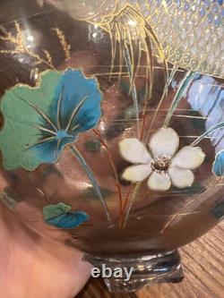 Vase Verre Émaillé Dans l'Esprit Emile Gallé Art Nouveau Glass Poisson & Fleurs