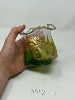 Vase Verre Émaille Vers 1900 Art Nouveau Fleurs Antique Glass Jugendstil