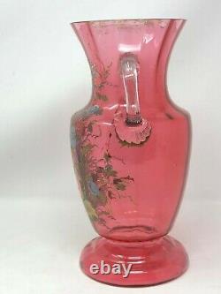 Vase Verre Soufflé Emaillé A décor de Fleurs Art Nouveau Antique Enamel Glass