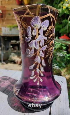 Vase Verre émaillé Art Nouveau Glycine Améthyste Bohème 1900
