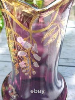 Vase Verre émaillé Art Nouveau Glycine Améthyste Bohème 1900