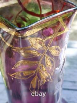 Vase Verre émaillé Art Nouveau Glycine Améthyste Bohème 1900