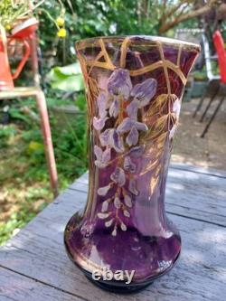 Vase Verre émaillé Art Nouveau Glycine Améthyste Bohème 1900