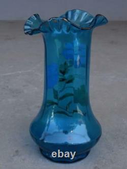 Vase à collerette en verre émaillé aux dahlia vers 1900 Art Nouveau
