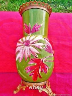 Vase ancien Chrysanthèmes en faïence bronze Art Nouveau France Antique vase Chry