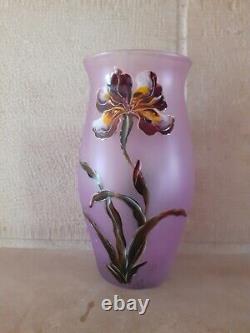 Vase ancien Verre émaillé Art Nouveau décor de Fleurs Signé LEGRAS