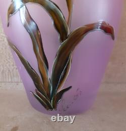 Vase ancien Verre émaillé Art Nouveau décor de Fleurs Signé LEGRAS orchidées