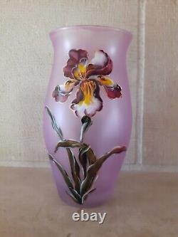 Vase ancien Verre émaillé Art Nouveau décor de Fleurs Signé LEGRAS orchidées
