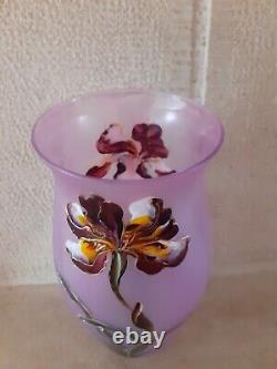 Vase ancien Verre émaillé Art Nouveau décor de Fleurs Signé LEGRAS orchidées