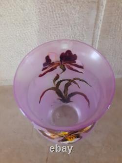 Vase ancien Verre émaillé Art Nouveau décor de Fleurs Signé LEGRAS orchidées