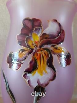 Vase ancien Verre émaillé Art Nouveau décor de Fleurs Signé LEGRAS orchidées
