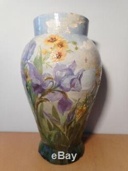 Vase ancien faience art nouveau fleur iris Théodore LEFRONT fin 19 siècle