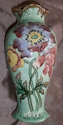 Vase art nouveau barbotine double face bouquets de fleurs