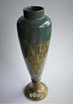 Vase art nouveau céramique glaçure coulures socle bronze doré era Pointu