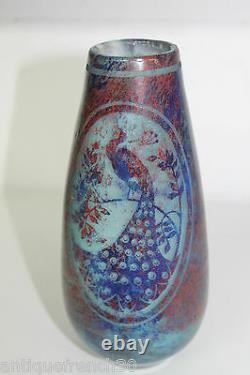 Vase art nouveau déco verre dégagé à l'acide paon