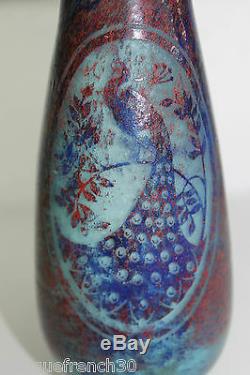 Vase art nouveau déco verre dégagé à l'acide paon
