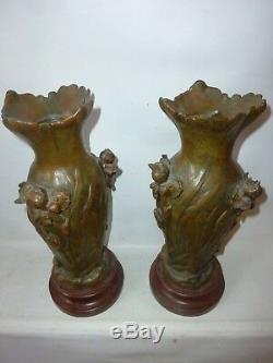 Vase art nouveau en régule et bois vase 1900 Iris signé H. EINGLE HEINGLE