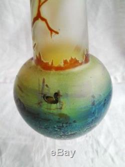 Vase art nouveau en verre soufflé décor lacustre au canard Montjoye Legras Gallé
