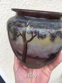 Vase art nouveau verre gravé a l'acide et emaillé Muller Frères Luneville