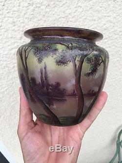 Vase art nouveau verre gravé a l'acide et emaillé Muller Frères Luneville