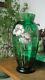 Vase art nouveau verre vert émaillé Legras anémones mauves et blanches