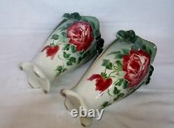 Vase art nouveaux paire KG Lunéville dorure décor fleur rose soliflore barbotine
