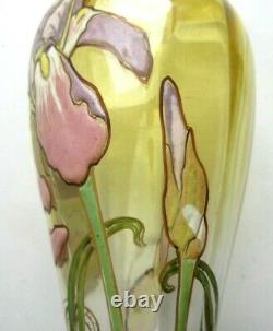 Vase balustre Art Nouveau, verre miel dégradé, émaillé LEGRAS Iris multicolores