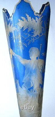 Vase bleu Art Nouveau, cristal de Bohême dégagé à l'acide Tyrolien et son chien