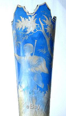 Vase bleu Art Nouveau, cristal de Bohême dégagé à l'acide Tyrolien et son chien