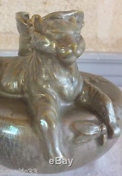Vase chat Rambervillers Jeandelle faience irisée céramique art nouveau
