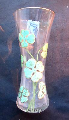 Vase cintré verre incolore émaillé Legras, Art Nouveau Trèfles à 4 feuilles