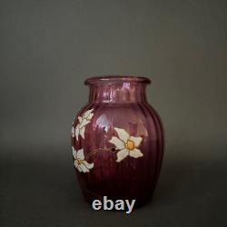 Vase émaillé Legras 1900 verre rose décor de jonquilles M3439
