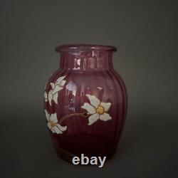 Vase émaillé Legras 1900 verre rose décor de jonquilles M3439