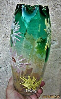 Vase émaillé Legras fleurs de Tokyo d'époque art nouveauDégradé vert