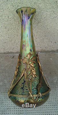 Vase irisé 1900 art nouveau bronze iridescent style loetz