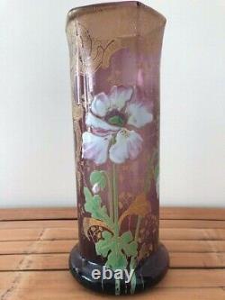 Vase rouleau style Legras en verre émaillé améthyste Art Nouveau 1900