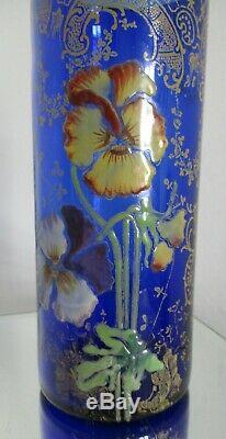 Vase rouleau verre émaillé LEGRAS aux pensées Bleu COBALT 1900 ART NOUVEAU