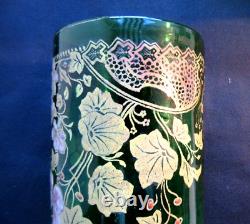 Vase rouleau verre vert émaillé Legras, Art Nouveau fin XIXème Capucines roses
