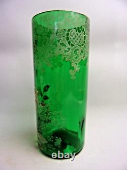 Vase rouleau verre vert émaillé Legras, Art Nouveau fin XIXème, décor de roses