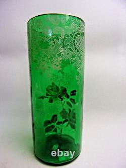 Vase rouleau verre vert émaillé Legras, Art Nouveau fin XIXème, décor de roses