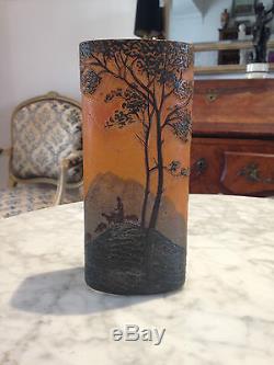 Vase signé Legras Art nouveau pate de verre multicouche gravé à l'acide émaillé