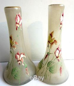 Vase soliflore Art Nouveau, pâte de verre émaillée Legras GUI à feuilles dorées