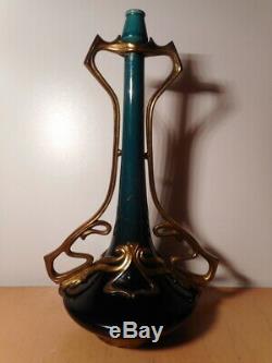 Vase soliflore faience ceramique monture bronze doré art nouveau 1900