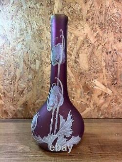 Vase soliflore verre aux chardons, rehaussé style Legras Montjoye, art nouveau