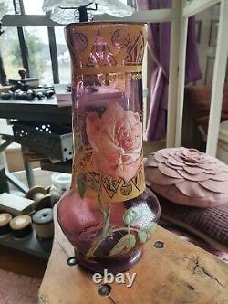 Vase verre émaillé Legras décor de roses art nouveau art déco