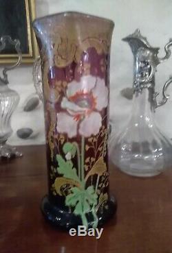 Vase verre émaillé décor floral Legras Montjoye mauve art nouveau