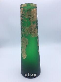Vase verre soufflé vert nil gravé à l'acide doré Legras Montjoye Art Nouveau
