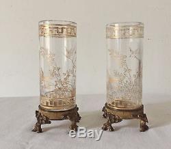 Vases Cristal Monture Bronze Signé BACCARAT Décor Japonisant 19 eme Art Nouveau